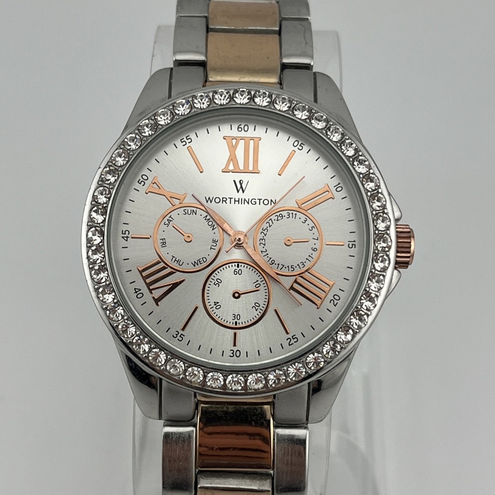 Worthington Watch Women 38mm Case Crystal Bezel Two Tone 7.25" Band- New Battery